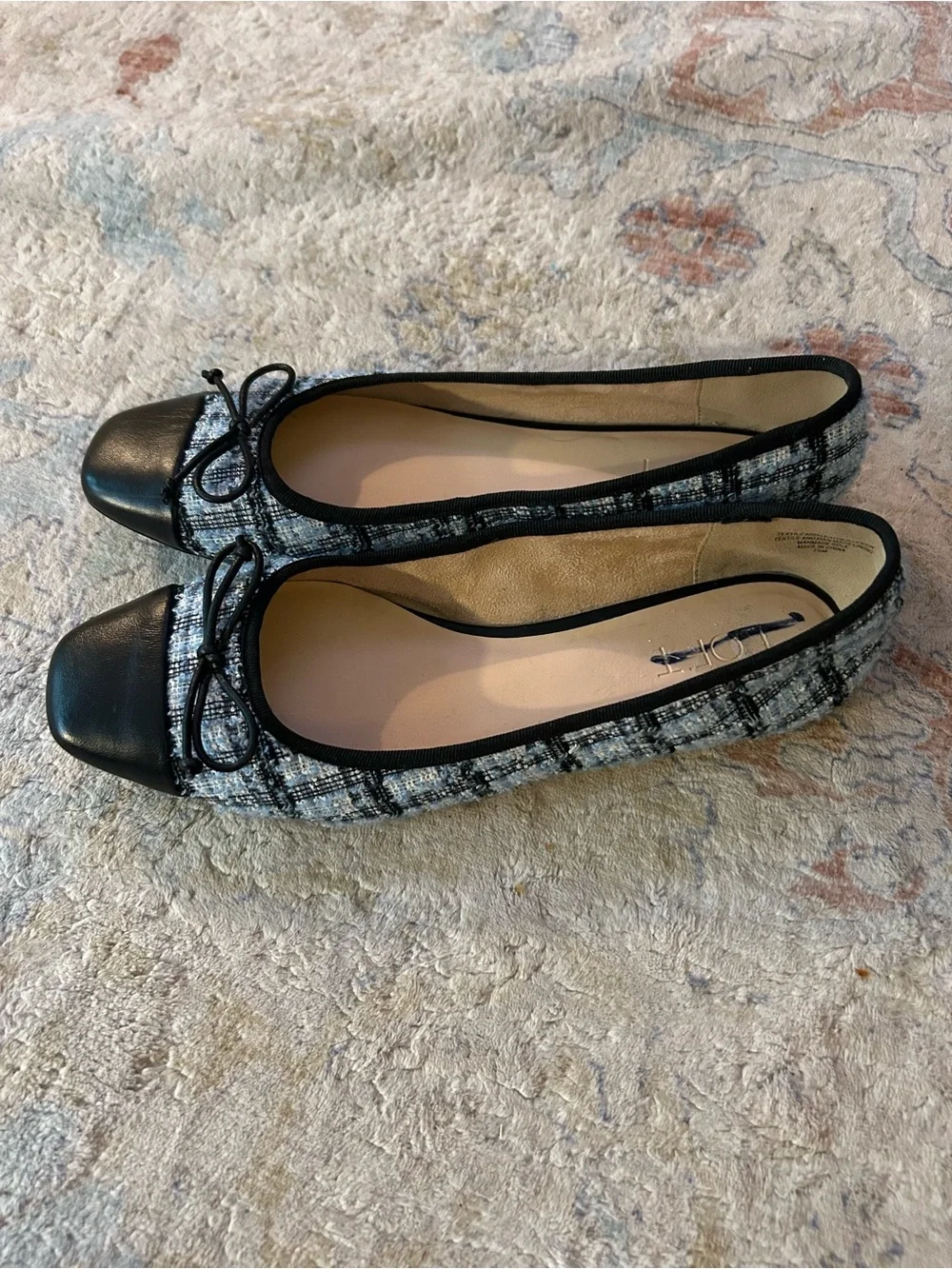 LOFT Black Tweed-Patterned Ballet Flats with Bow Trim
